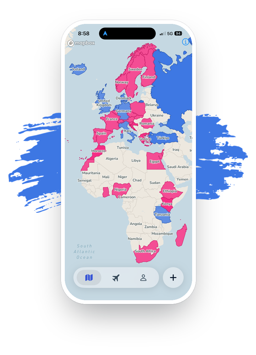 The Triplist app showing a digital passport world map of visited countries